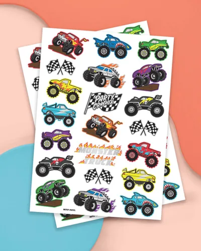 Miniatura 2 de xo, Fetti Monster Truck Party Supplies - Tatuajes temporales - 42 estilos metálicos Camiones, coches grandes, líneas de acabado + llamas