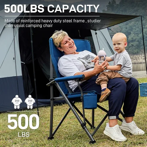 Miniatura 4 de EVER ADVANCED Silla de campamento plegable de gran tamaño, para adultos, silla de césped resistente con bolsillos laterales, silla cuádruple Azul