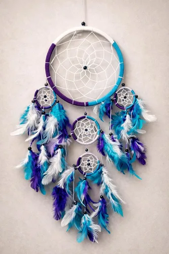 Miniatura 9 de OMA Atrapasueños – Colores tradicionales de tie-dye hechos a mano, plumas turquesa, morado y blanco – Tamaño grande – 9 pulgadas de diámetro y 30