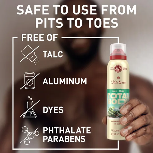 Miniatura 4 de Old Spice Desodorante en aerosol para todo el cuerpo para hombres, sin aluminio, aroma a aloe + lluvia, protección contra olores 24/7, frescura