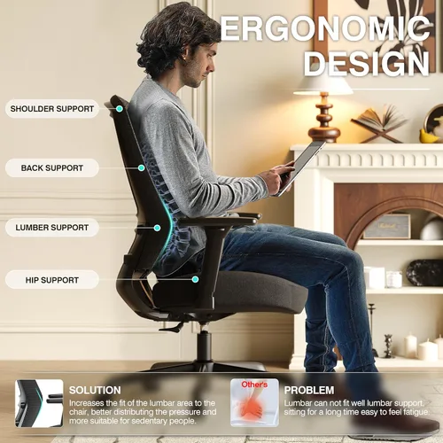 Miniatura 8 de ELABEST T96C Silla Ergonómica de Oficina en Casa, Silla de Escritorio de Malla para Computadora con Reposabrazos 4D, Soporte Lumbar Ajustable, Silla