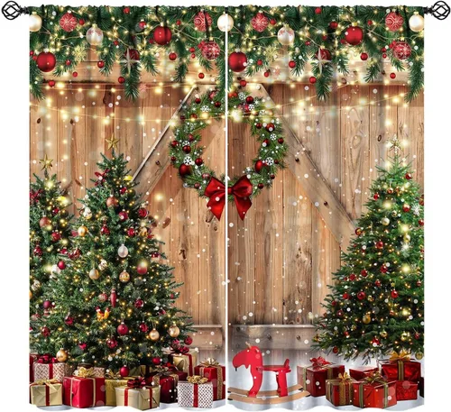 Miniatura 14 de Cortinas de Navidad de gnomo, bolas de árbol de Navidad, luces, regalos, decoración de tablones para sala de estar, dormitorio, bolsillo para barra