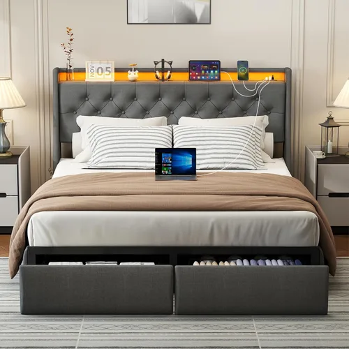 Miniatura 3 de Doltoro - Base de cama Queen con cabecero y 2 cajones de almacenamiento, base de cama tapizada con respaldo de alas tamaño Queen con estación