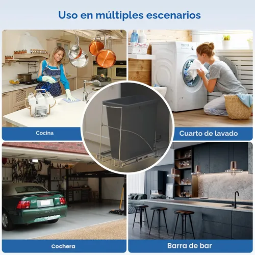 Miniatura 8 de Cubo de basura extraíble debajo del armario y debajo del fregadero - Organizador de cubo de basura deslizante ajustable para armario de servicio