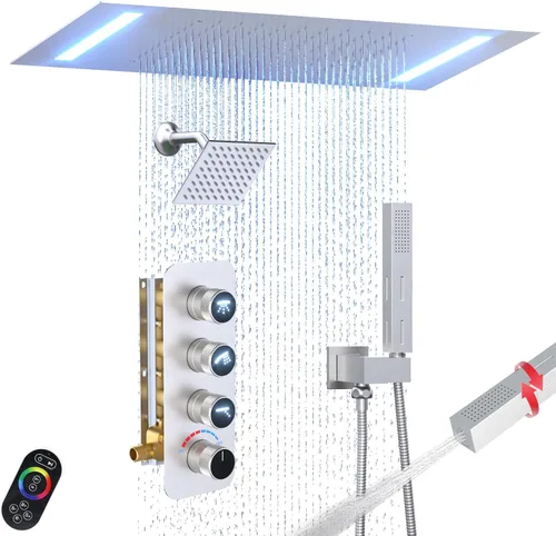 Miniatura 27 de Enga Sistema de cabezal de ducha doble, cabezal de ducha LED de lluvia de 14 x 20 pulgadas con cabezal de pared de 6 pulgadas, juego de grifo de Oro