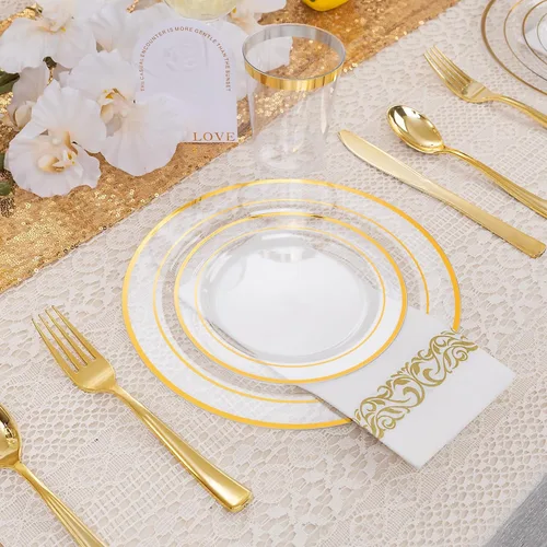 Miniatura 6 de Juego de vajilla dorada de 700 piezas, juego de vajilla desechable transparente para 100 invitados para fiestas, bodas, incluye: 200 platos Dorado