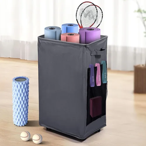 Miniatura 9 de Estantes de Almacenamiento para Esterillas de Yoga, Estante de Almacenamiento para Gimnasio en Casa con Ruedas, Soporte para Esterillas de Yoga