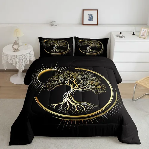 Miniatura 13 de Castle Fairy Juego de edredón con diseño de gato lindo para niños, tamaño twin, juego de ropa de cama con hojas de flores, luna, noche y cielo