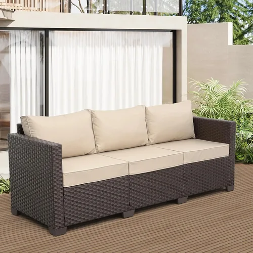 Miniatura 3 de Rattan Star Muebles de exterior, sofá de 3 plazas, sofá de mimbre marrón para exteriores, asiento profundo, respaldo alto, sofá de patio con cojines