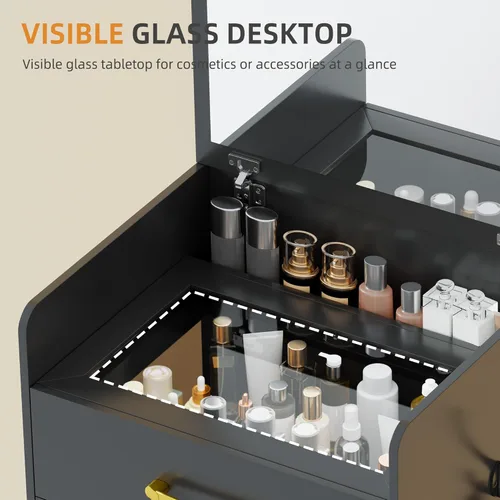 Miniatura 4 de Gurexl Escritorio de tocador 3 en 1 con espejo abatible, pequeño tocador compacto con escritorio de vidrio visible, juego de tocador de maquillaje