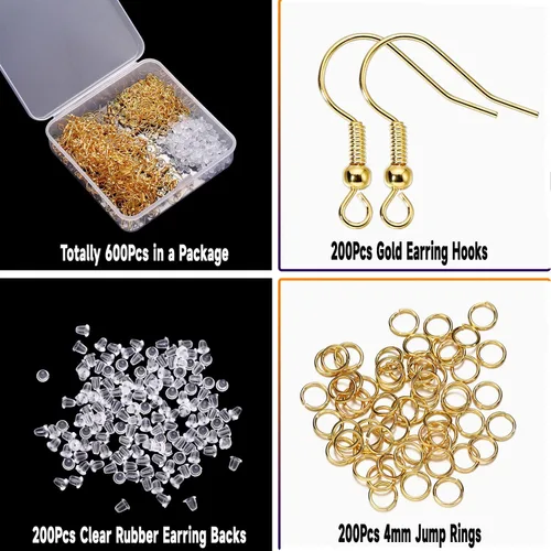 Miniatura 2 de 600 ganchos hipoalergénicos para aretes, kit de fabricación de aretes dorados, con parte trasera de aretes y anillos para hacer joyas (dorado)
