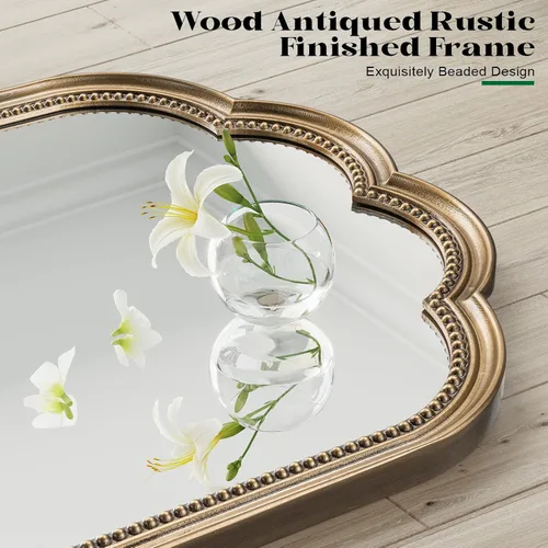 Miniatura 6 de Espejo de pared festoneado, espejo ovalado dorado de 22 x 30 pulgadas, marco decorativo de cuentas doradas, espejos dorados antiguos de flores