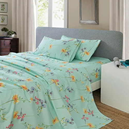 Miniatura 56 de JSD Juego de sábanas con estampado floral azul, tamaño Queen, 4 piezas, sábanas de microfibra con patrón suave, bolsillo extra profundo Sakura
