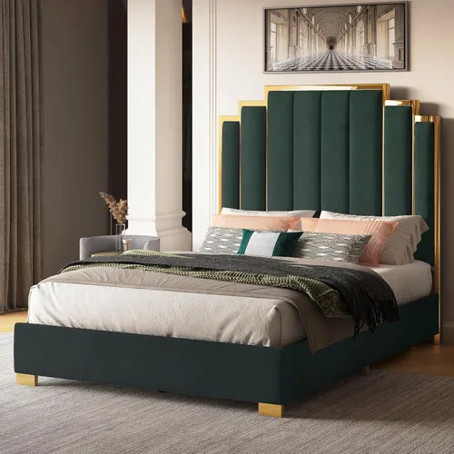 Albott Marco de cama de plataforma tamaño Queen, cama tapizada de terciopelo de 61.4 pulgadas con cabecero de ribete dorado, listones de madera, no