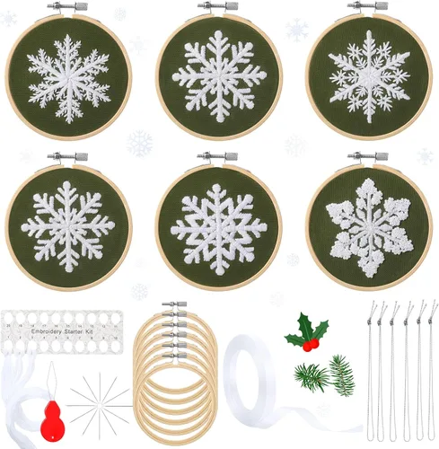 Miniatura 12 de Roowest Juego de 6 juegos de bordado de Navidad para principiantes y adultos, diseño de copo de nieve de invierno, bordado de punto de cruz, kit