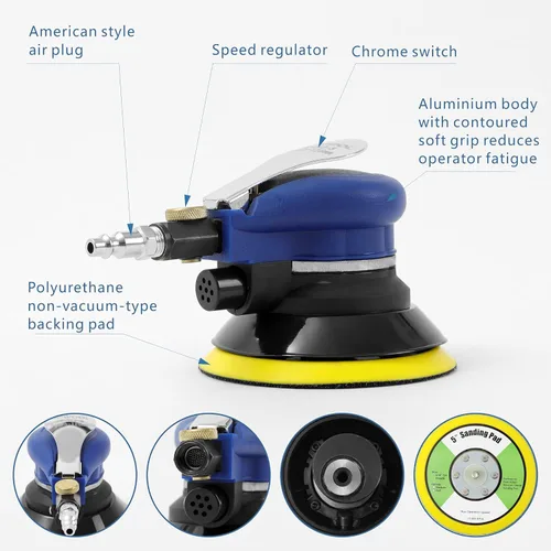 Miniatura 5 de Lijadora orbital aleatoria de aire de 5 pulgadas para trabajo de carrocería de automóviles, lijadora neumática de palma con 10 esponjas de pulido