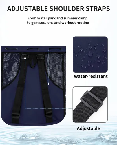 Miniatura 6 de WANDF Mochila de Malla con Cordón para Natación, con Bolsillo para Artículos Húmedos, para Natación, Gimnasio y Equipo de Entrenamiento Azul oscuro