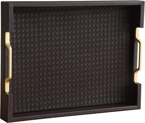Miniatura 12 de HofferRuffer Bandeja rectangular de servir con asas con agujeros para mesa de café, desayuno, té, comida, bandeja de servicio para mostrador