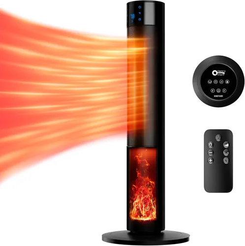 Calentador de espacio portátil de 1500 W con chimenea, PTC de cerámica oscilante a 70°, calentador de torre con termostato ajustable de 33.5