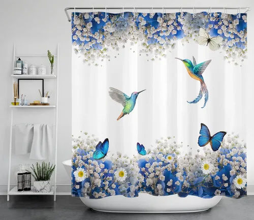 Miniatura 28 de EOBTAIN Cortina de ducha floral zen, lirio de agua blanca, mariposa y piedra zen gris, cortinas de ducha para baño, plantas, naturaleza, espiritual