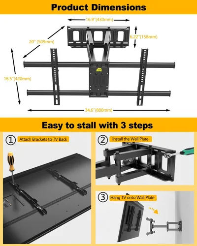 Miniatura 8 de FORGING MOUNT Soporte de pared para TV de movimiento completo con tomas de corriente para pantallas de 42 a 90 pulgadas, soporte de TV premontado