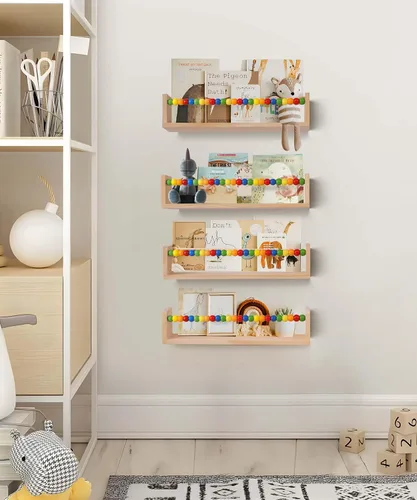 Miniatura 6 de Juego de 4 estantes flotantes para libros de guardería, estantes flotantes para pared de estantería, estantería para niños (cuentas de cinco colores)