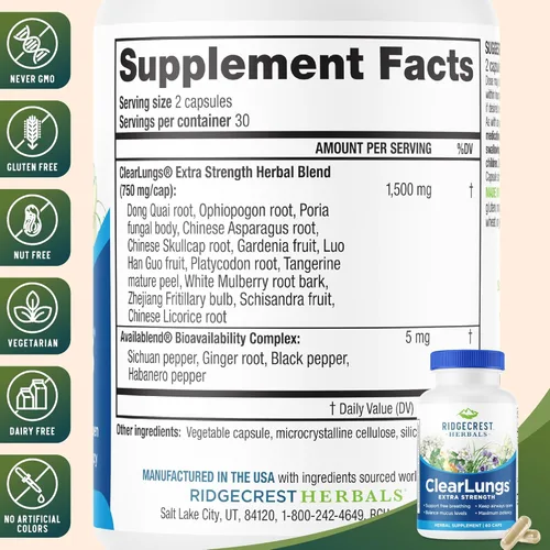 Miniatura 3 de RidgeCrest Herbals ClearLungs Extra Strength, suplemento de salud diaria, fórmula natural de bienestar pulmonar y nasal para apoyo bronquial