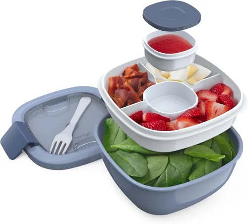 Miniatura 12 de Bentgo Recipiente para ensalada – Tazón de 54 onzas con bandeja de 4 compartimentos para aderezos, recipiente a prueba de fugas, tenedor Caqui Verde