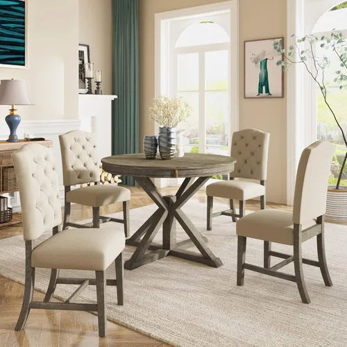 Miniatura 14 de Juego de mesa de comedor redonda clásica de 5 piezas con patas de forma especial y respaldo hueco para silla, para comedor, cocina, apartamento