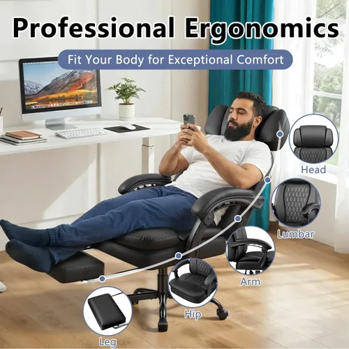 Miniatura 6 de Silla de oficina con reposapiés de 400 libras, silla de oficina de cuero con respaldo alto, silla de oficina ejecutiva ergonómica resistente