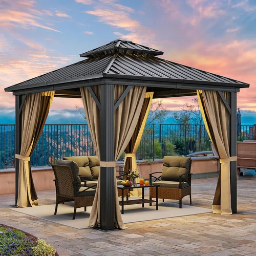 Miniatura 8 de DWVO Gazebo de techo rígido de 10 x 10 pies, techo doble con redes y cortinas, techo de rayas verticales de acero galvanizado resistente para patio