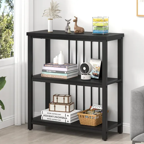 FOLUBAN Estantería, Librero Moderno de 3 Niveles, Estantes de Libros de Madera y Metal para Sala de Estar, Oficina, Dormitorio, Roble Negro Rústico