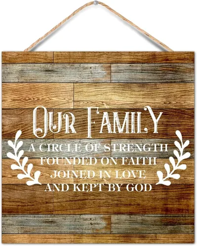 Paleta de madera vintage con versículo bíblico para el hogar, con texto en inglés "Our Family a Circle of Strength" Founded on Faith Joined in Love