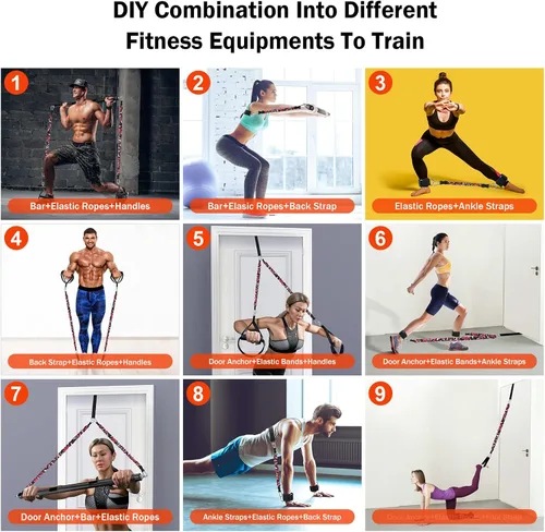 Miniatura 2 de DASKING Juego de bandas de resistencia portátiles para gimnasio en casa con 8 bandas antiroturas, barra de pilates desmontable de 500 libras,