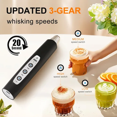 Miniatura 3 de YUSWKO - Espumador de leche recargable USB de mano con 3 cabezas, mini mezclador de bebidas con 3 velocidades para latte, cappuccino, chocolate Negro