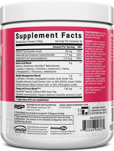 Miniatura 5 de Fórmula para ganar energía y perder peso de RSP AminoLean. BCAA en polvo con ALC, extracto de té verde y cafeína para desarrollar el músculo magro