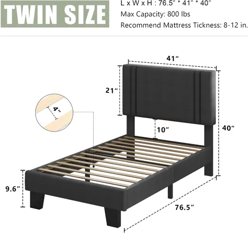 Miniatura 2 de Feonase - Base de cama de tamaño individual con plataforma tapizada, base de cama tapizada con respaldo abatible, listones de madera maciza y Gris