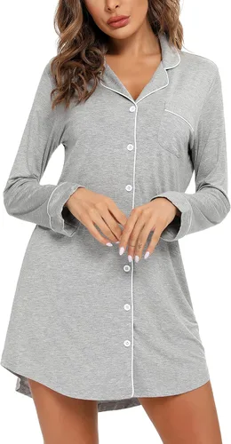Miniatura 29 de Samring Camisón de pijama para mujer, manga corta/larga, con botones, camisón para dormir, camisón para novio, talla XXL