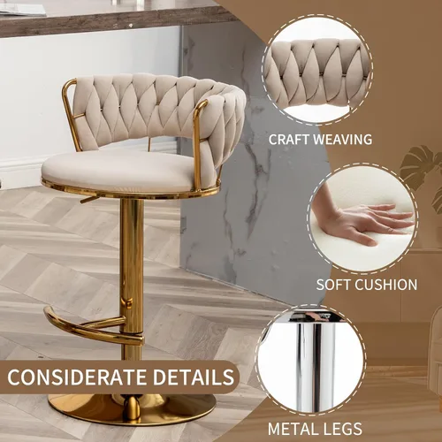 Miniatura 3 de Taburetes de bar dorados juego de 2, taburetes de bar de terciopelo giratorios con respaldo tejido, taburetes ajustables para isla de cocina, Beige