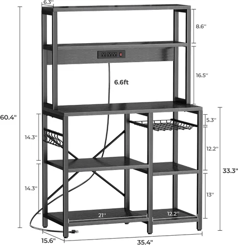 Miniatura 3 de SUPERJARE Estante de panadería con toma de corriente, barra de café de 35.4 pulgadas con canasta de alambre, soporte para microondas de cocina con 6