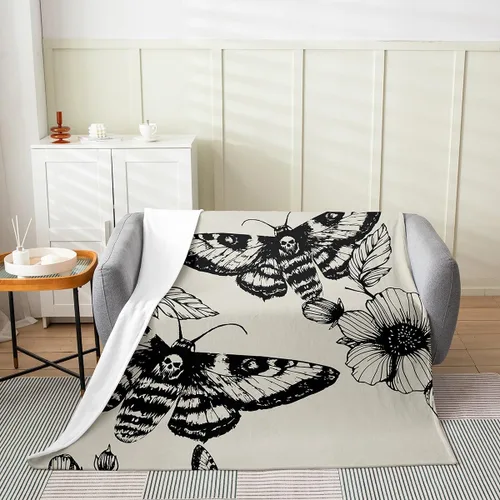 Miniatura 2 de Manta de Franela de Polilla de la Muerte para Niños, Niñas y Adultos, Manta de Vellón Gótica de Calavera de la Muerte Manta Térmica, Manta Bohemia