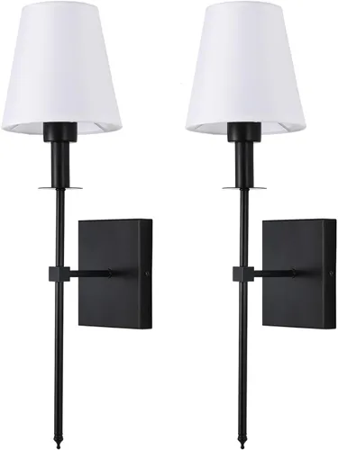 Juego de 2 lámparas de pared para dormitorio, estilo retro, color negro, lámparas de noche, apliques de iluminación con pantalla de tela para