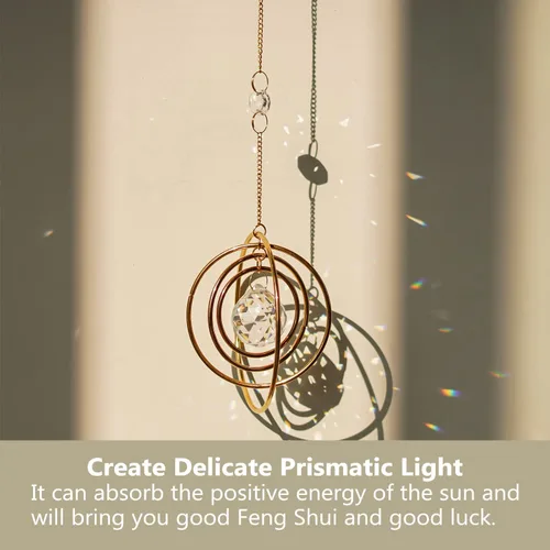 Miniatura 9 de Atrapasoles de Cristal Galaxia, Atrapasoles Colgante para Ventana de Arcoíris, Atrapasoles de Bola de Cristal Prisma con 4 Círculos de Latón