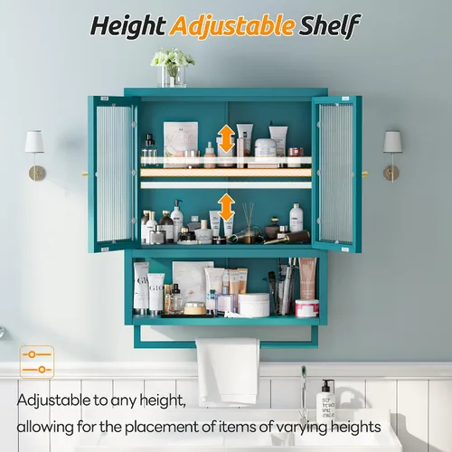 Miniatura 5 de Armario de pared de baño con 2 puertas de vidrio, botiquín de baño con barra de toallas y estantes, gabinete de almacenamiento sobre el inodoro