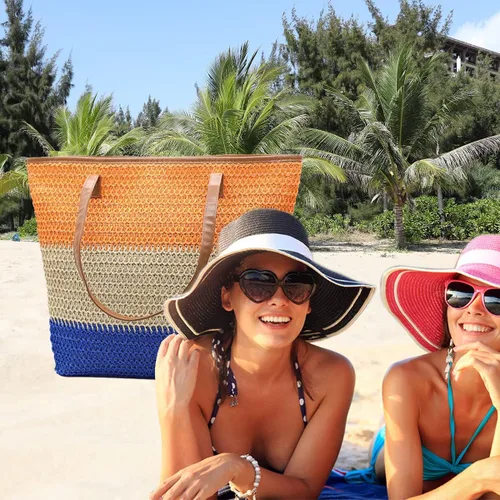 Miniatura 112 de Bolso grande de paja para mujer, tejido de ratán, bolso de playa de verano, a rayas