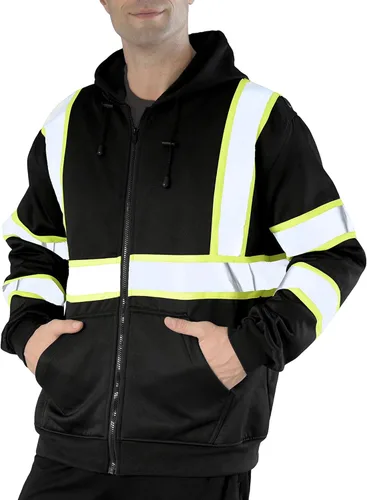 Miniatura 23 de SEsafety Sudadera con capucha con cremallera de alta visibilidad, sudadera de seguridad reflectante clase 3 con parte inferior negra, chaqueta