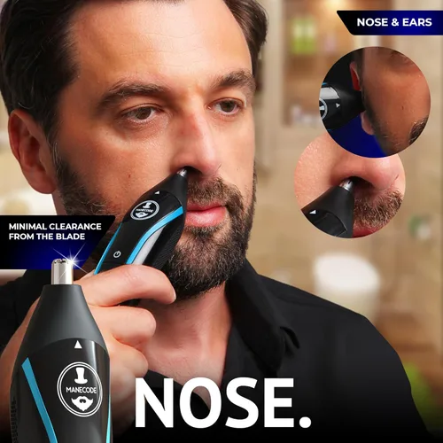 Miniatura 7 de MANECODE® Cortadora de barba y cabello para hombres – Self-Sharp Blades® USB-C, impermeable, pantalla LED, kit de aseo múltiple