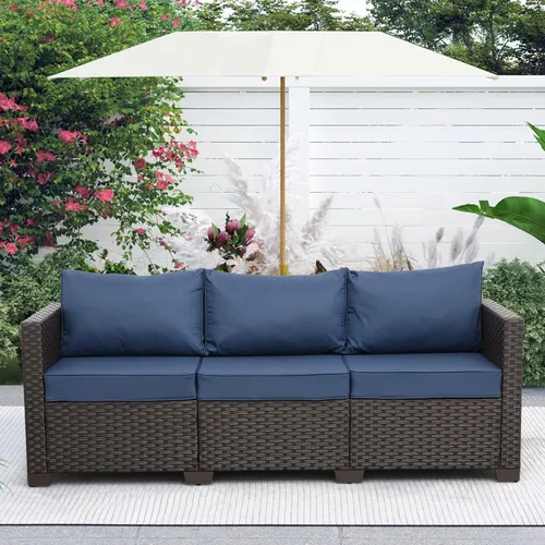 Miniatura 2 de Rattaner Sofá de mimbre para patio de 3 asientos, muebles de sofá de ratán para exteriores con marco de acero con funda para muebles y asiento Azul