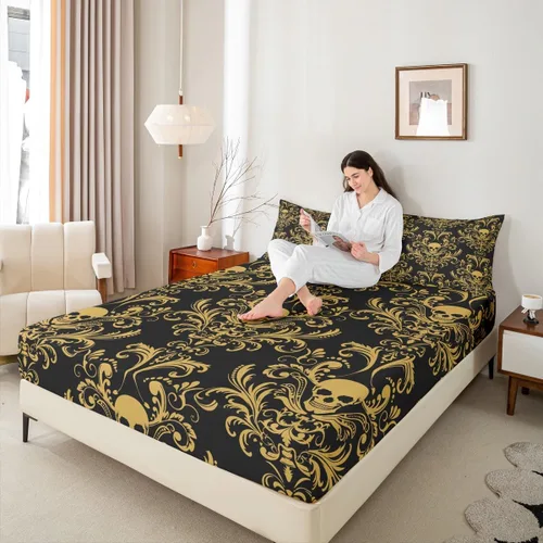 Miniatura 5 de Sábanas de cama góticas de damasco para adultos, sábana bajera ajustable victoriana antigua, sábanas góticas florales vintage, juego de ropa de cama