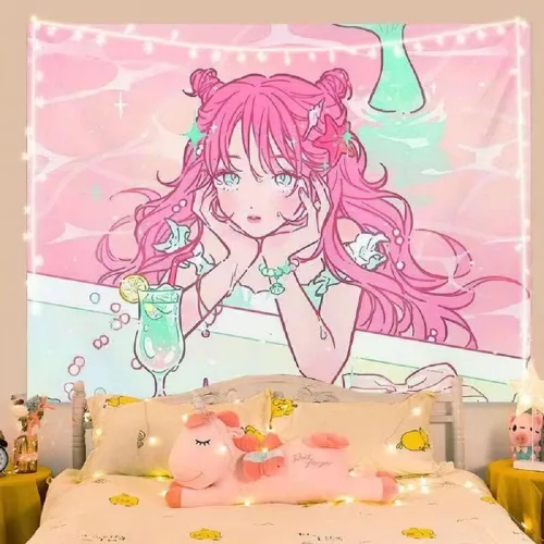 Miniatura 11 de SUFUZEGA Tapiz de Chica de Anime Japonés Kawaii Esteticismo Impresión 3D Arte de Anime para Colgar en la Pared, para Sala de Estar Dormitorio R01